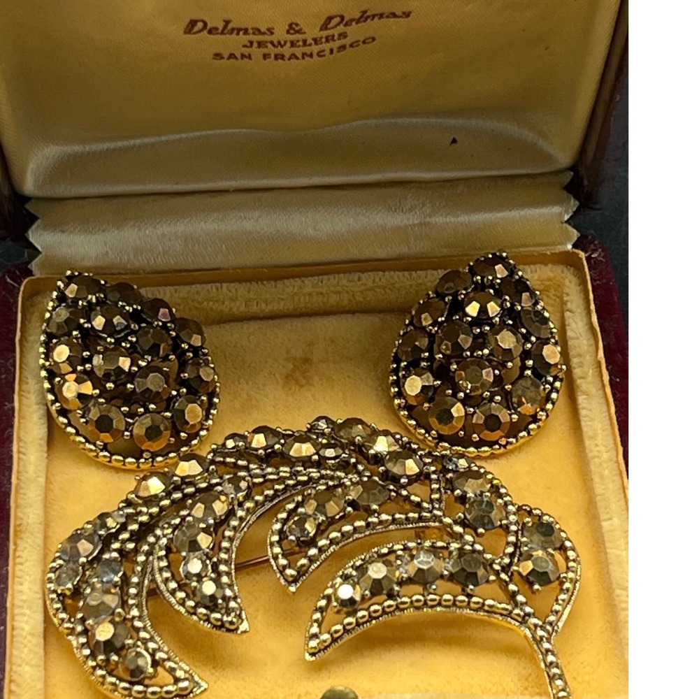 Vtg Weiss Smoky‎ Topaz Aurora Borealis Rhinestone Leaf Brooch and Earrings set